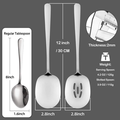 X-Large Serving Spoons Set, 12 Inch Slotted Spoon and Serving Spoon, Premium Spoons Silverware, Cooking Spoon, Pasta Spoon, Mixing Spoon, Foodgrad...