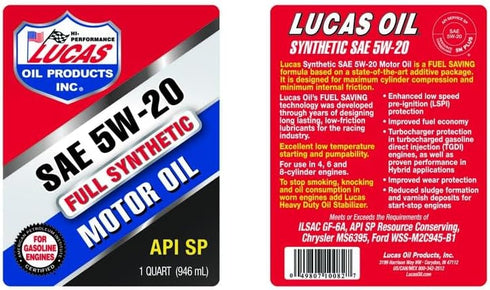 Lucas Oil 10082 SAE 5W-20 Synthetic Motor Oil, 1 Quart...