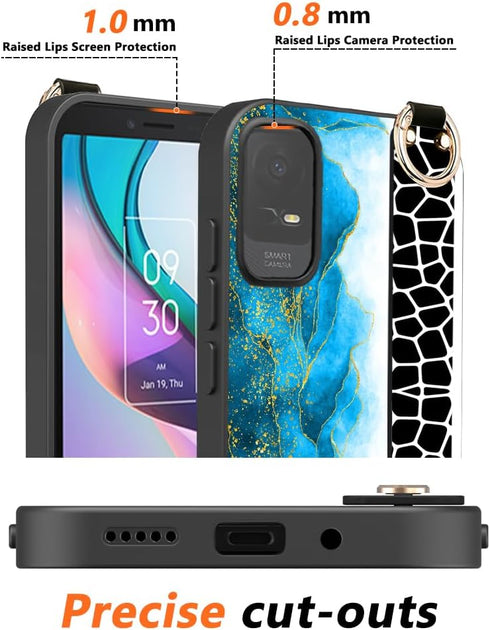 Case for TCL ION V, TCL ION X Phone Case,Fashion Marble Pattern Wrist Strap Stand Case with Tempered Glass Screen Protector Wristband Bracelet Pho...