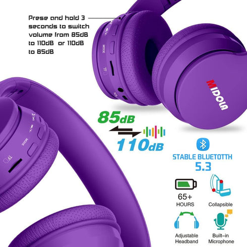 Kids Headphones Bluetooth 5.3 Wireless 60H Play Time Volume Limit 85/110dB Over Ear Foldable Protection Headset/Wired AUX Cord Mic for Child Boy G...