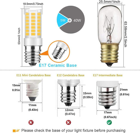 TAIYALOO E17 LED Bulb Dimmable, 5W Microwave Oven Bulb, Warm White 3000K, 40W Halogen Bulb Replacement for Microwave, Over Stove Appliance, Range ...