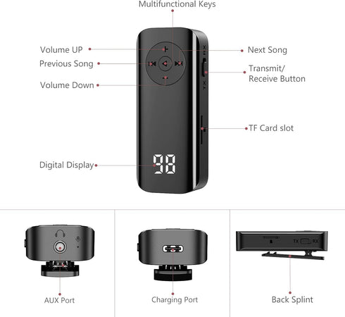Bluetooth Transmitter Receiver,Aux Bluetooth Adapter for Car, 5.3 Bluetooth Audio Receiver, Support TF Card, Hand-Free Call, Navigation, for Car H...