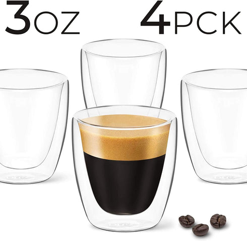 DLux Espresso Coffee Cups 3oz, Double Wall, Clear Glass set of 4 Glasses, Insulated Borosilicate Glassware Tea Cup...