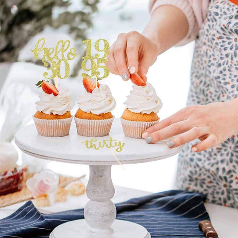 24 Pcs Gold Glitter 30th Birthday Cupcake Toppers for 30th Anniversary Birthday Party Wedding Party Decorations...