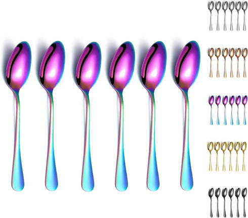 Rainbow Dinner Spoons, Kyraton 6 Pieces 7.5" Stainless Steel Table Spoon With Titanium Colorful Plating, Rainbow Soup Spoons, Dessert Spoons Slive...