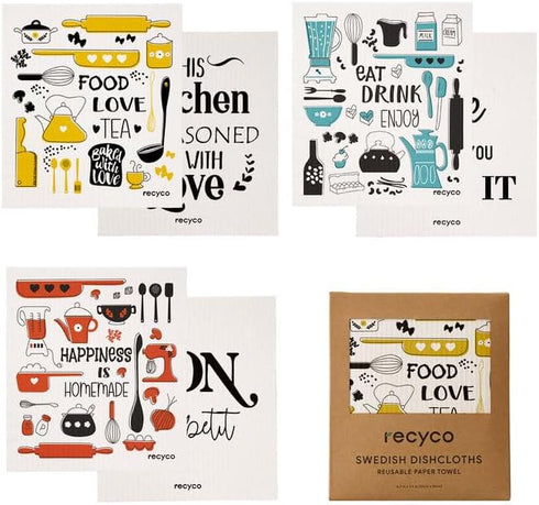 RECYCO Swedish Dishcloths for Kitchen | 6 Packs Kitchen Love Washable Dish Rags | Cellulose Reusable Cleaning Paper Towels | Absorbent Counter Dis...