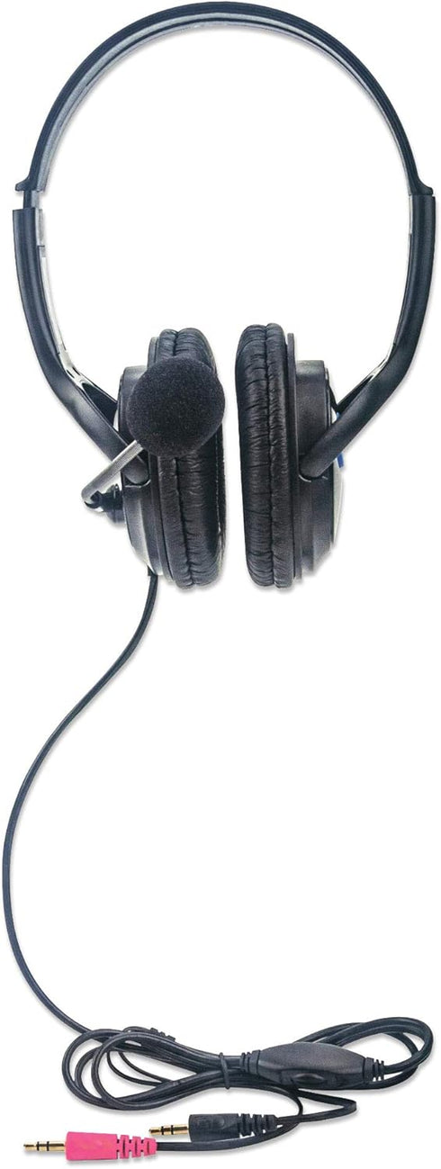 Manhattan Stereo Headset — Lightweight Over-Ear Design, 6 ft. (1.8 m) Connecting Cable and Two 3.5 mm Plugs for Audio and Built-in Adjustable Micr...