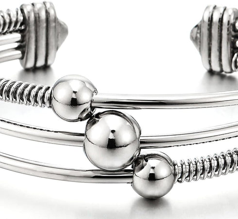 COOLSTEELANDBEYOND Three-Row Women's Stainless Steel Adjustable Open Cuff Bangle Bracelet with Cable and Ball Charms...