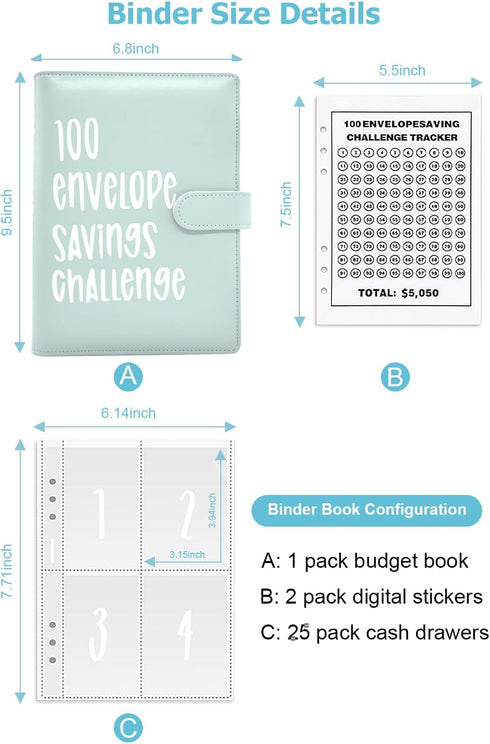 100 Envelopes Money Saving Challenge Budget Binder, 52 Week Money Binder for Cash Saving Budget Book with Pouches Blue...