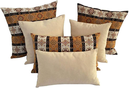 22 x 22 Inches Large Throw Pillow Covers Mustard Yellow and Cream Kilim Pattern - Decorative Diwan Pillows, Boho Room Decor for Couch, Bohemian Ou...
