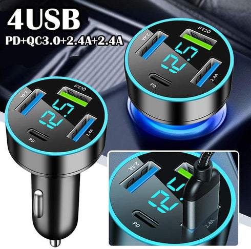 USB C Car Charger Adapter, 4 Port Car Cigarette Lighter USB Charger with LED Voltmeter PD & QC3.0 Car USB Adapter Phone Charger Compatible with iP...