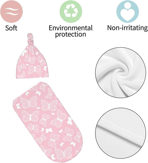 Pink Butterfly Butterflies Newborn Swaddle Blanket Baby Swaddle Blankets Wrap Blanket Soft Stretchy Sack with Beanie Hat Sets Gift for Infant Boy ...