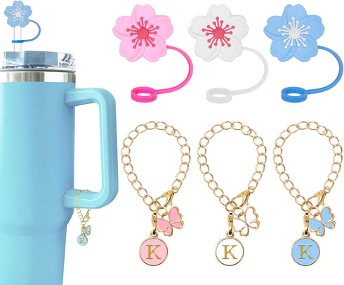 ?3 +3) YILANCOL Straw Cover Compatible with Stanley Tumbler 3PCS Straw Toppers with 3 Initial Letter Butterfly Charms Personalized Handle Charm Fo...