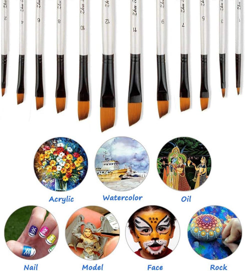 Artist Paint Brushes Set, 12pcs Professional Angular Paintbrushes for Acrylic Watercolor Oil Painting, Face Body Nail Art, Crafts, Canvas, Rock, S...