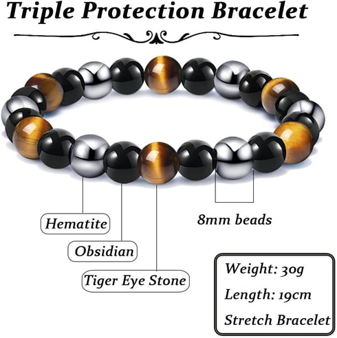 SOOWOOT 2-4Pcs Triple Protection Bracelet - Tiger Eye & Obsidian & Hematite Triple Bracelet Bring Protect Good Luck and Prosperity for Men Women...