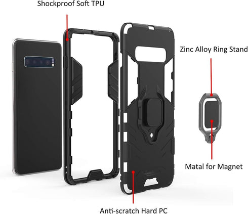 for Samsung Galaxy S10 Case with Screen Protector, Slim Tough Drop Protection with Ring Stand, Magnetic Holder Compatible, Tempered Glass Film, Ou...
