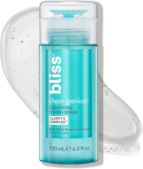 Bliss Clear Genius Clarifying Toner + Serum - 4.3 Fl Oz - Purifies Pores, Tones, Calms & Clears Skin - Salicylic Acid, Niacinamide & Witch Hazel -...