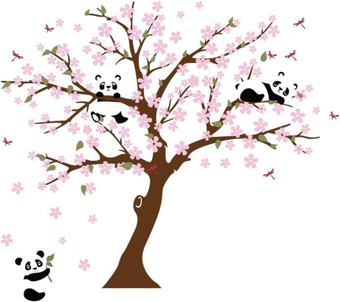 Runtoo Panda Wall Decal - Cherry Blossom Wall Art Stickers for Living Room & Bedroom...
