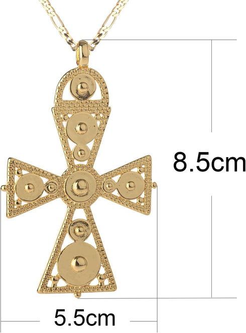 18K Gold Plated Large Ethiopian Eritrean Cross Pendant Necklace for Women Men Traditional Ornaments Habesha African Ethnic Jewelry | 3mm Figaro Ch...