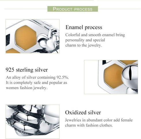 Bee Honeycomb Charm Beads 925 Sterling Silver Beads Fit for European Charm Bracelet...