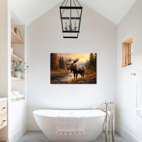 GLOKAKA Nature Moose Wall Art Landscape Moose in the River Wall Decor Print Painting Wilderness Animal Retro Poster for Office Home Bedroom Kitche...