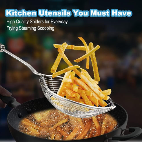 Steel Spider Strainer Skimmer Ladle, Strainer Spider Skimmers for Kitchen Cooking and Frying, Premium Strainer Spoon Diameter: 5.4Inch, Total Leng...