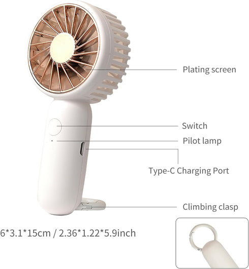 Mini Portable Handheld Fan,Personal Small Fan with hook,3 Speeds Adjustable Powerful USB Rechargeable, Handheld,Desk for Travel,Office,Room,Outdoo...