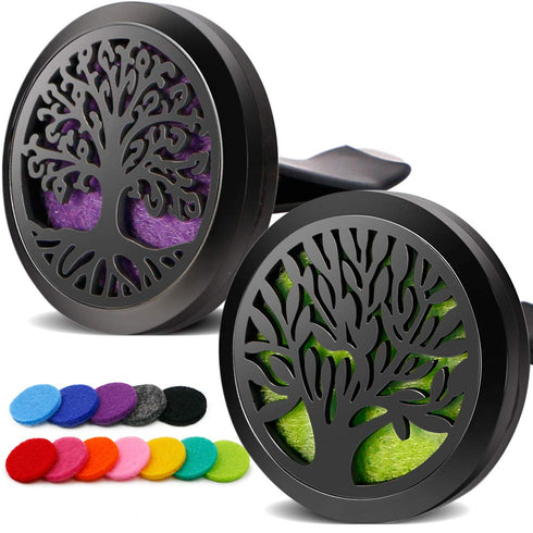 2PCS Tree of Life Car Diffuser Aromatherapy Essential Oil Black Stainless Steel Locket with Vent Clip 12 Felt Pads...
