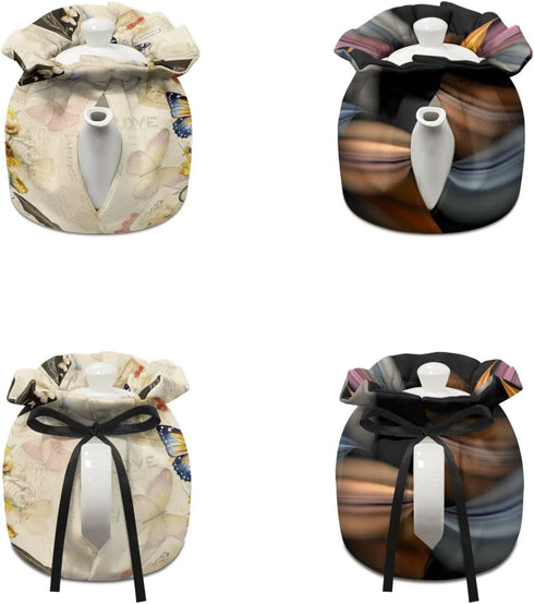 Brown Flower Tea Pot Cover for Keeping Warm Set of 2, Sunflower Butterfly Tea Cozy Rustic Kitchen Kettle Dust Cover Washable Portable Teapot Cosie...