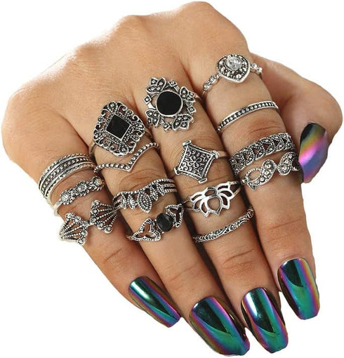 CSIYAN 9-15 Pieces Stackable Knuckle Ring Set,Boho Vintage Crystal Stacking Midi Finger Rings for Women...