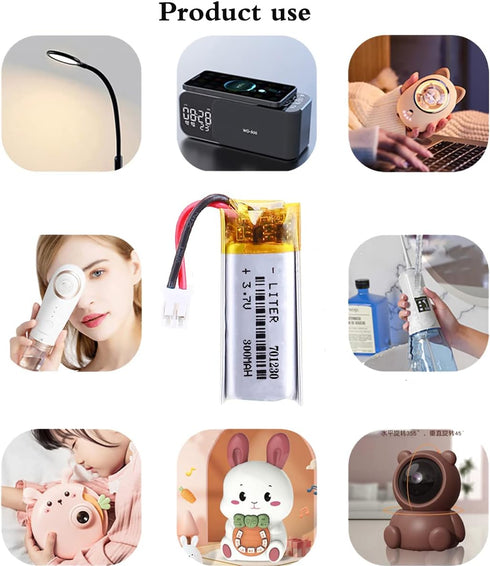 3.7V 701230 300mAh Lithium Polymer ion Battery Rechargeable Polymer Battery Pack with JST 2.0mm Connector...