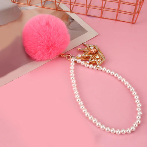 Pink Bling Car Accessories for Women Furry Pom Pom Crown with Pearl Chain Car Mirror Hanging Accessories for Women...