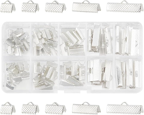 PH PandaHall about 100 Pcs Iron Ribbon Bracelet Bookmark Pinch Crimp Clamp End Findings Cord Ends Fasteners Clasp Leather Crimp Ends 5 Sizes Lengt...