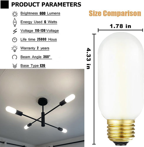 Leools E26 LED Bulb 6W Equivalent e26 led Bulb 60 Watt Dimmable Daylight 4000K Frosted Glass E26 Edison Bulb AC120V 600lm Tubular T14 T45 LED Bulb...