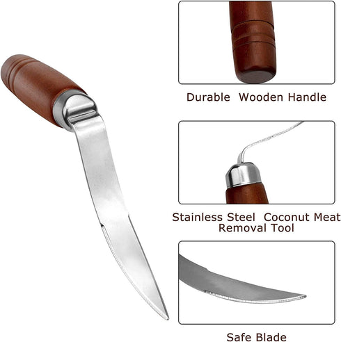 2 PCS Coconut Opener Tool Set Coconut Meat Remover Stainless Steel Coconut Opener Scraper Knife Coconut Punch Tool with Durable Non-Slip Wooden Ha...