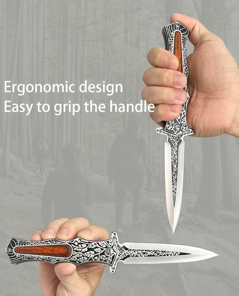 Folding Knife Stainless Steel Blade with 3D Retro Embossed Pattern, Pocket Clip for Men,Sharp Camping Survival Hiking Knives (Sword Type)...