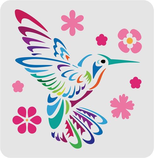 FINGERINSPIRE Hummingbird Stencil Decoration Template 11.8x11.8 inch Plastic Bird Flower Drawing Painting Stencil Square Reusable Stencils for Cre...