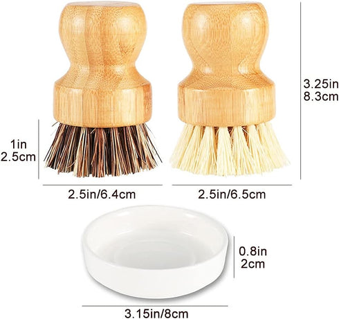 Bamboo Scrub Brush Clean Pan, Dish and Vegetable, Natural Bristles Palm Pot Brush 4 Pack Round Mini Dish Brush with Ceramic Holder for Kitchen Sin...