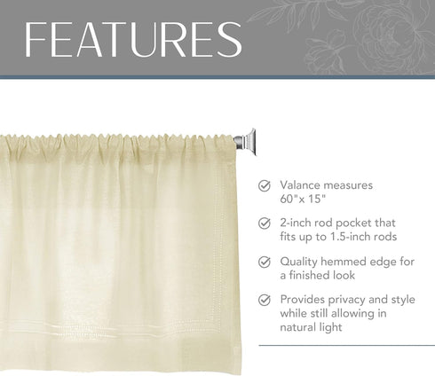 Elrene Home Fashions Cameron Linen Window Valance, 60" W x 15" L (1 Valance), Ivory...