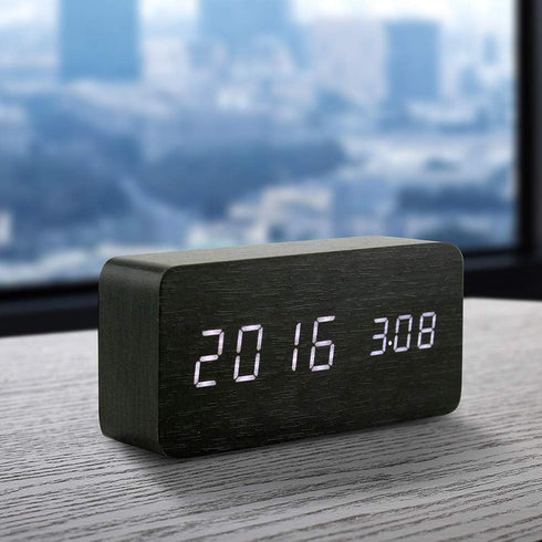 OCT17 Wooden Digital Alarm Clock, Multi-Function Smart Alarm Clock, LED Light Alarm Clock with USB Power Supply, Voice Control, Thermometer - Blac...