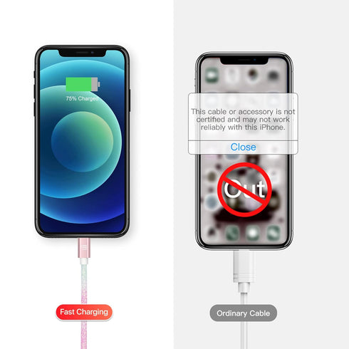LAX Gadgets USB A to Lightning Cable - Glitter Apple MFI Certified Lightning Cable for iPhone, iPad, iPod - Nylon Braided Fast Charging Cable - Hi...