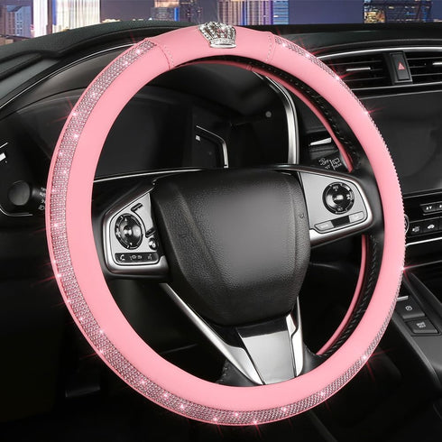 Cute Pink Steering Wheel Cover - Soft Leather Bling Car Steering Wheel Covers for Women & Girls with Sparkly Diamond, 15 inch Car Accessory Wheel ...