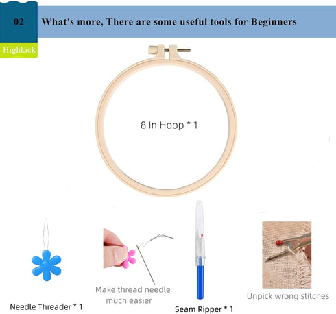 Highkick Embroidery Starter Kits for Adults Beginners with Stamped Pattern, Embroidery Floss + Needles + Hoop, Cactus Series, 3 Pack...