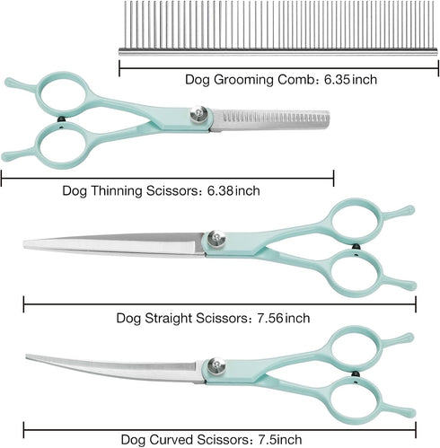 Professional Dog Grooming Scissors Set, 5 in 1 Dog Grooming Scissors Kit, Curved Dog Scissors Pet Thinning Shears, Pet Grooming Supplies, Blue...