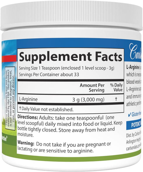 Carlson - L-Arginine Powder, Free-Form Amino Acid, Circulatory Health, 3.53 oz (100 g)...