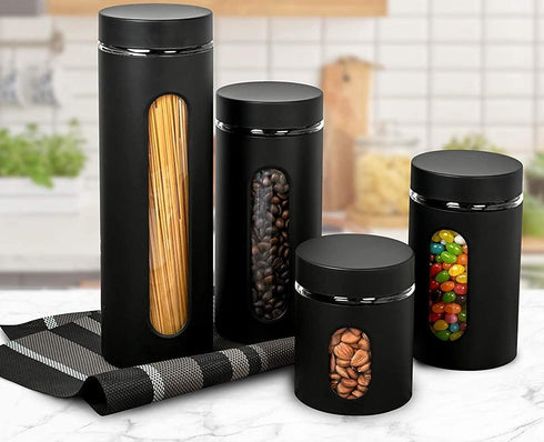 Glass Canister Set of 4 for Sugar, Matte Black Kitchen Counter Decor and Accessories...