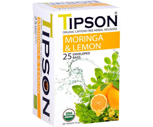 Tipson Organic Moringa Caffeine Free Herbal Tea - Lemon Flavor - 25 Premium Double Chambered Bags - Superfood - Keto/Paleo...