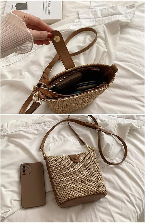 Women Small Faux Straw Bag Mini Woven Bucket Bag Summer Beach Bag Fashion Crossbody Bag Shoulder Bag Handbag...