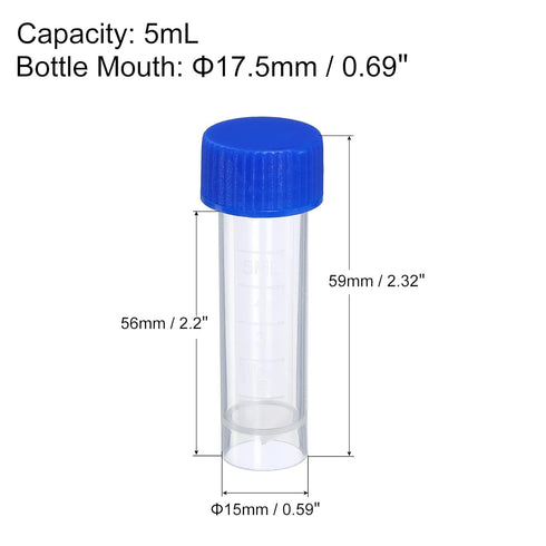 PATIKIL 5mL Plastic Test Tubes, 15 Pack Frozen Container Storage Blue Screw Cap for Lab Laboratory Science, Clear...