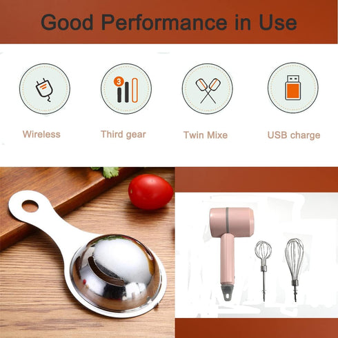 Hand Mixer, Portable Electric Cordless Handheld Mixer, 3-speed Usb Rechargeable withTwin Mixer Whips and Egg Separator for Whipping or Mixing Eggs...
